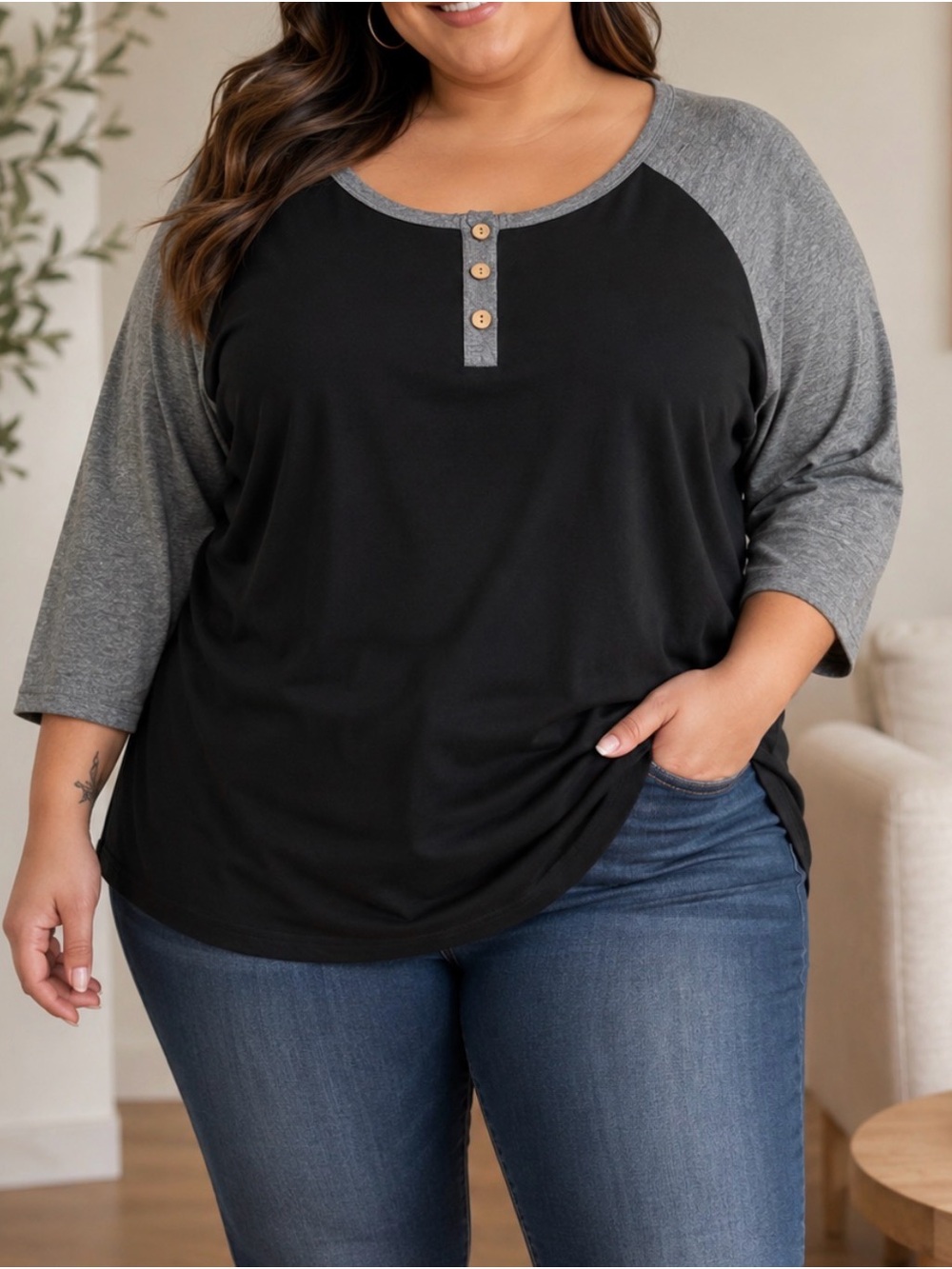 Plus-Size Raglan Henley Top in Black with Gray Sleeves